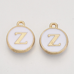 Letter Z Golden Plated Enamel Alloy Charms, Enamelled Sequins, Flat Round, White, Letter.Z, 14x12x2mm, Hole: 1.5mm, 100pcs/Box