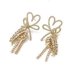 Real 18K Gold Plated Clear Cubic Zirconia Heart Bowknot with Wheat Dangle Stud Earrings, Rack Plating Brass Long Tassel Drop Earrings  for Women, Cadmium Free & Nickel Free & Lead Free, Real 18K Gold Plated, 55mm, Pin: 0.7mm, Heart: 30.5x21.5, Pendants: 32x14.5x3mm
