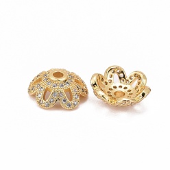Golden Eco-Friendly 6-Petal Flower Brass Micro Pave Cubic Zirconia Bead Caps, Lead Free & Nickel Free, Golden, 11x4mm, Hole: 2mm