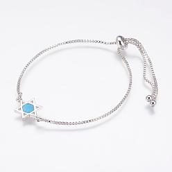 Platine Bracelets coulissants réglables en laiton de longue durée, bracelets bolo, avec opale synthétique, pour juif, étoile de david, platine, 9-1/4 pouces (235 mm)