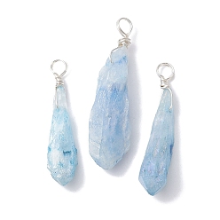 Sky Blue Electroplated Natural Quartz Crystal Dyed Pendants, Teardrop Charms with Silver Color Plated Copper Wire Loops, Sky Blue, 30~38x9.5~15x7~11mm, Hole: 4mm