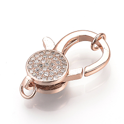 Rose Gold Brass Micro Pave Cubic Zirconia Lobster Claw Clasps, Rose Gold, 34x17.5x7.5mm, Hole: 4mm