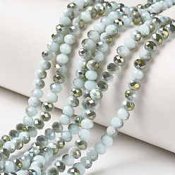 Light Cyan Electroplate Opaque Glass Beads Strands, Half Green Plated, Faceted, Rondelle, Light Cyan, 8x6mm, Hole: 1mm, about 72pcs/strand, 16.14 inch(41cm)