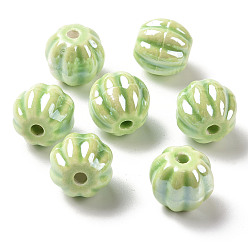 Yellow Green Handmade Pearlized Porcelain Beads, Pearlized, Pumpkin, Yellow Green, 13x12mm, Hole: 2mm