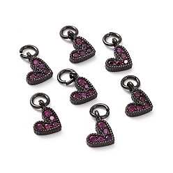 Hot Pink Brass Micro Pave Cubic Zirconia Charms, Long-Lasting Plated, Lead Free & Nickel Free & Cadmium Free, Heart, Hot Pink, Gunmetal, 9.5x6.5x2mm, Hole: 1mm.
