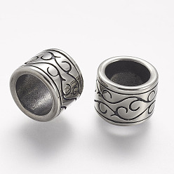 Antique Silver 304 Stainless Steel Beads, Column, Large Hole Beads, Antique Silver, 12x9mm, Hole: 8.5mm