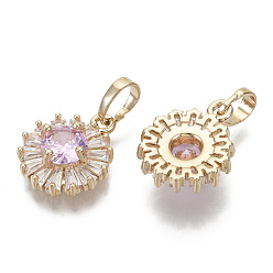 Perlas de Color Rosa Latón micro cubic zirconia encantos, con broche de presión en fianzas, plano y redondo, la luz de oro, rosa perla, 15x12x5 mm, agujero: 6x4 mm