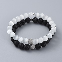 Lava Rock Stretch Bracelet Sets, with Cat Eye Round Beads, Natural Lava Rock Round Beads, Brass Cubic Zirconia Round Beads and 304 Stainless Steel Spacer Beads, with Burlap Paking Pouches, White & Black, 1-7/8 inch~2-1/4 inch(4.9~5.6cm), 2pcs/set