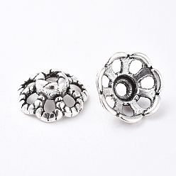Antique Silver Tibetan Style Alloy Bead Caps, Lead Free and Cadmium Free, Flower, Antique Silver, about 9mm in diameter, 4mm thick, hole: 1mm