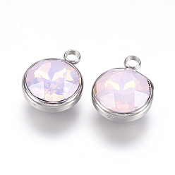 Pink K9 Glass Rhinestone Pendants, with 304 Stainless Steel Findings, Flat Round, Pink, 18x14x9mm, Hole: 2.5mm