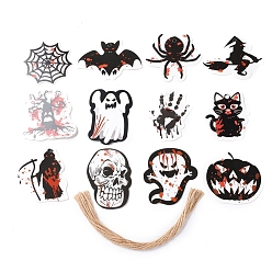Color mezclado 12 estilos etiquetas de papel tema de halloween, con cuerda de cáñamo, etiquetas de regalo etiquetas colgantes para decoración de halloween, color mezclado, 56~70x54~74.5x0.2 mm, agujero: 4.5 mm