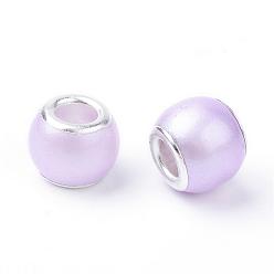 Lilac Glass ABS Plastic Imitation Pearl European Beads, Large Hole Beads, Rondelle, with Silver Color Plated Brass Cores, Lilac, 11.5~12x9~10mm, Hole: 5mm