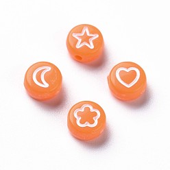 Orange Opaque Acrylic Beads, Flat Round with White Heart & Flower & Moon & Star, Orange, 7x4mm, Hole: 1.6mm