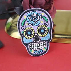 Lavender Sugar Skull Computerized Embroidery Style Cloth Iron on/Sew on Patches, Appliques, Badges, for Clothes, Dress, Hat, Jeans, DIY Decorations, for Mexico Day of the Dead, Lavender, 73x54mm