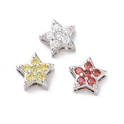 Mixed Color Eco-friendly Brass Micro Pave Cubic Zirconia Slide Charms, Cadmium Free & Lead Free, Long-Lasting Plated, Platinum, Star, Mixed Color, 8.5x9x3.8mm, Hole: 1x6.7mm