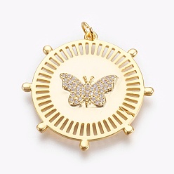 Real 18K Gold Plated Brass Micro Pave Cubic Zirconia Pendants, Long-Lasting Plated, Flat Round with Butterfly, Lead Free & Nickel Free & Cadmium Free, Clear, Real 18K Gold Plated, 33x32x2mm, Hole: 3mm