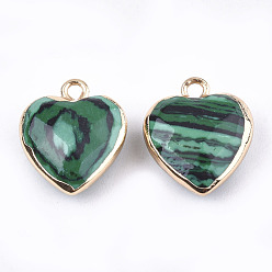 Malachite Electroplate Synthetic Malachite Pendants, with Cadmium Free & Nickel Free & Lead Free Iron Findings, Faceted, Heart, Golden, 16~17x14~15x6~7mm, Hole: 1.8mm