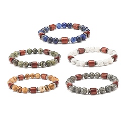 Pierre Mélangete Bracelet extensible en perles de pierres précieuses mélangées naturelles pour femme ou homme, bracelets de perles de bois et d'alliage, diamètre intérieur: 2-1/8 pouce (5.5 cm)