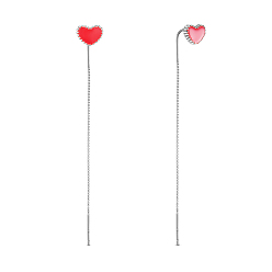 Platinum SHEGRACE Rhodium Plated 925 Sterling Silver Thread Earrings, with Red Enamel Heart, Platinum, 70mm