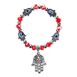 Red Lampwork Evil Eye & Glass Beaded Stretch Bracelet with Alloy Hamsa Hand Charm for Women, Red, 7-1/2 inch(19cm)