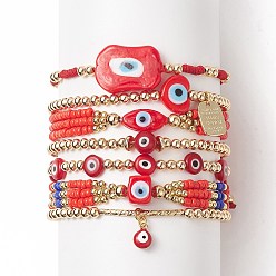 Red 7Pcs 7 Style Evil Eye Lampwork & Glass Seed & Brass Beaded Stretch Bracelets Set for Women, Alloy Word Charms Stackable Bracelets for Women, Red, Inner Diameter: 2~3-1/2 inch(5.2~8.8cm), 1Pc/style