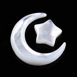 Coquillage Blanc Ensembles de perles de coquillage blanc naturel naturel, lune avec étoile, moon: 15x13x3 mm, étoiles: 7.5x8x3 mm, Trou: 0.8mm, environ 2 pcs / ensemble