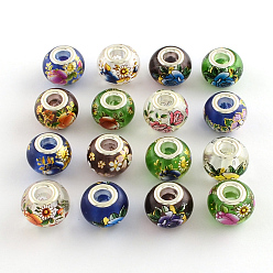 Mixed Color Large Hole Rondelle Flower Pattern Glass European Beads, with Silver Color Plated Brass Double Cores, Mixed Color, 14~15x11mm, Hole: 4.5~5mm