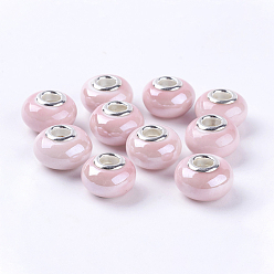 Pink Granos europeos de porcelana hechas a mano, con núcleos dobles de latón en color plata, Rondana plana, rosa, 15x10~11 mm, agujero: 5 mm