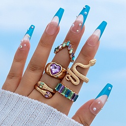 Mixed Color 5Pcs 5 Style Snake & Heart & Rectangle Rhinestone Finger Rings Set, Golden Alloy Wide Stackable Rings for Women, Mixed Color, Inner Diameter: 16~18mm, 1Pc/style