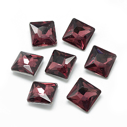 Dark Red Pointed Back Glass Rhinestone Cabochons, Back Plated, Faceted, Square, Dark Red, 8x8x3.5mm