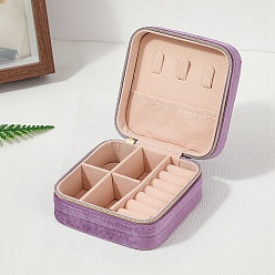 Violet Square Velvet Jewelry Set Storage Zipper Box, for Necklace Ring Earring Storage, Violet, 10x10x5cm