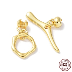 Real 18K Gold Plated 925 Sterling Steel Toggle Clasps, Flower, with 925 Stamp, Real 18K Gold Plated, Flower: 12.5x11x1.5mm, Bar: 4x24x2.5mm, Inner Diameter: 2mm