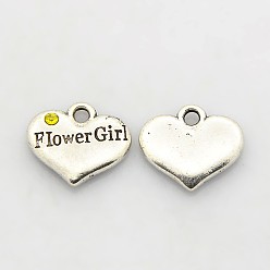 Citrine Wedding Party Supply Antique Silver Alloy Rhinestone Heart Carved Word Flower Girl Wedding Family Charms, Cadmium Free & Lead Free, Citrine, 13.5x16x3mm, Hole: 2.5mm