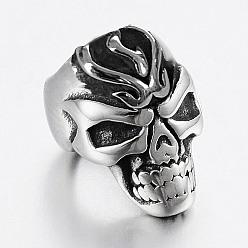 Antique Silver 304 Stainless Steel Beads, Large Hole Beads, Skull Head, Antique Silver, 12.8x9x11mm, Hole: 6mm