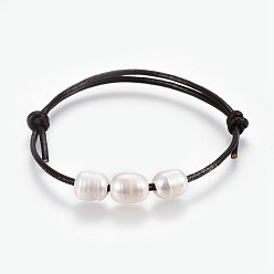 White Adjustable Cowhide Leather Cord Bracelets, with Natural Pearl Beads, White, 2 inch~3-1/8 inch(5~8cm)(adjustable)
