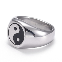 Stainless Steel Color 304 Stainless Steel Finger Rings, Yin Yang Ring, with Enamel, Gossip, Stainless Steel Color, US Size 7(17.3mm)