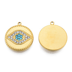 Real 18K Gold Plated 304 Stainless Steel Pendants, with Rhinestone, Flat Round with Eye, Real 18K Gold Plated, 19x16.5x2.5mm, Hole: 1.4mm
