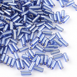 Royal Blue Tube Glass Bugle Beads, Silver Lined, Royal Blue, 4~4.5x2mm, Hole: 1mm, about 450g/bag, 14000pcs/bag