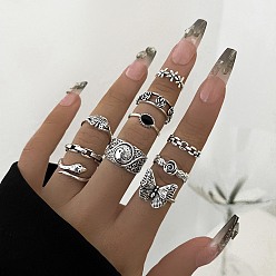 Antique Silver 10Pcs 10 Style Flower & Snake & Butterfly & Oval Alloy Finger Rings Set for Women, Antique Silver, Inner Diameter: 16~19mm, 1Pc/style