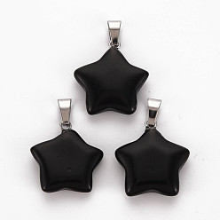 Black Stone Star Natural Black Stone Pendants, with Platinum Tone Brass Findings, 22~23x20~24x5~7mm, Hole: 2x7mm