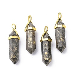 Pyrite Pendentifs pointus en pyrite naturelle, avec pendentif en laiton aléatoire bails à capuchon hexagonal, or, balle, 38.5~40x12~12.5x10~11mm, Trou: 3x4.5mm
