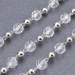 Clair Chaînes de perles de laiton à la main avec des perles à facettes, platine, clair, 4 mm, environ 10 m/rouleau