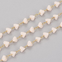 Antique White Handmade Glass Beaded Chains, with Golden Tone Brass Findings, Soldered, Long-Lasting Plated, Triangle, Faceted, Antique White, 3.5~4x4~4.5x3mm, about 32.8 Feet(10m)/roll