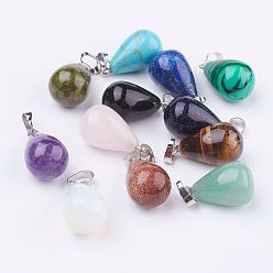 Mixed Stone Natural & Synthetic Mixed Stone Pendants, with Platinum Tone Brass Findings, Drop, 24~24.5x14mm, Hole: 5x7mm