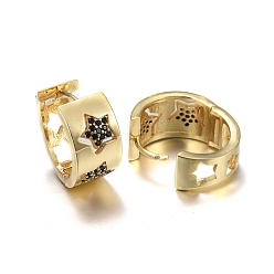 Real 18K Gold Plated Brass Micro Pave Cubic Zirconia Huggie Hoop Earrings, Long-Lasting Plated, Hollow, Ring with Star, Black, Real 18K Gold Plated, 17.5x9mm, Pin: 0.8mm