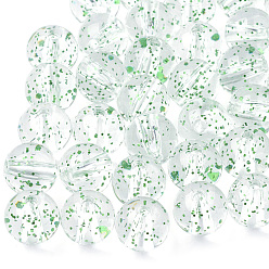 Vert Perles acryliques transparentes, avec de la poudre de paillettes, ronde, verte, 7~8mm, trou: 1.5 mm, environ 1780 pcs / 500 g