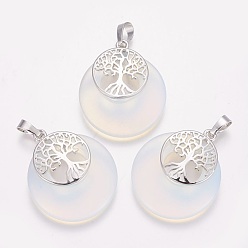 Opalite Opalite Pendants, with Platinum Tone Brass Findings, Flat Round with Tree of Life, 32.5~33x27.5~28x5~6mm, Hole: 5x7mm