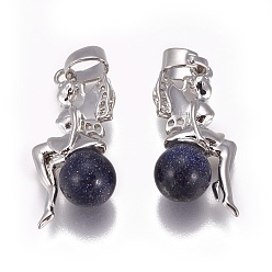 Blue Goldstone Synthetic Blue Goldstone Pendants, with Platinum Tone Brass Findings, Fairy, 25~26x12~13x8mm, Hole: 3.5x5.5mm