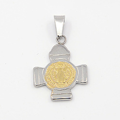 Golden & Stainless Steel Color Fashionable 304 Stainless Steel Pendants, Cross with San Benito, Golden & Stainless Steel Color, 24x17.5x1.5mm, Hole: 3x6mm