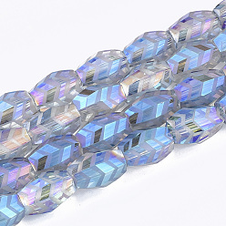 Cornflower Blue Electroplate Glass Beads Strands, Frosted, Faceted, Barrel, Cornflower Blue, 7.5x7.5x11mm, Hole: 1.2mm, about 60pcs/strand, 25.9 inch